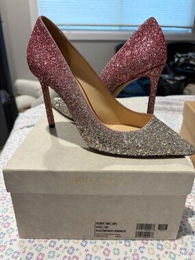 Jimmy Choo Pink Silver Glitter Pointed Toe Stiletto Pump